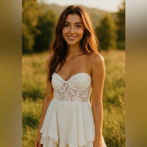 Saints & Secrets White Lace Corset Strapless Dress- Size Large